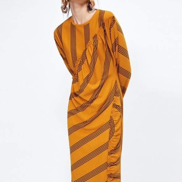 Zara collection Yellow Mustard Black Dress Midi Ruffled Ruched Dress L large - Picture 3 of 11